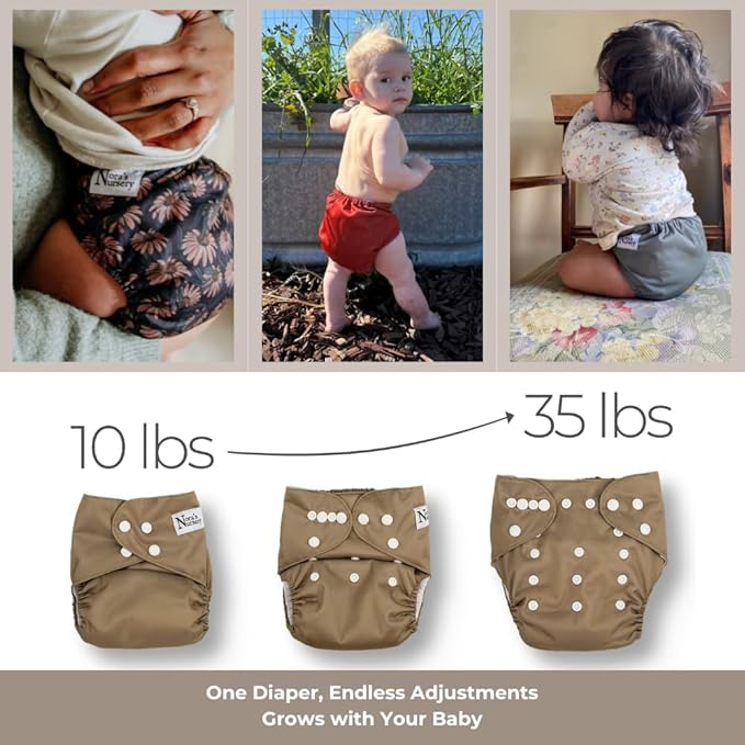 Nora's Nursery AWJ Cloth Diapers 7 Pack with 1 Wet Bag - Waterproof Cover, Washable, Reusable & One Size Adjustable Pocket Diapers for Newborns and Toddlers - Morning Dew