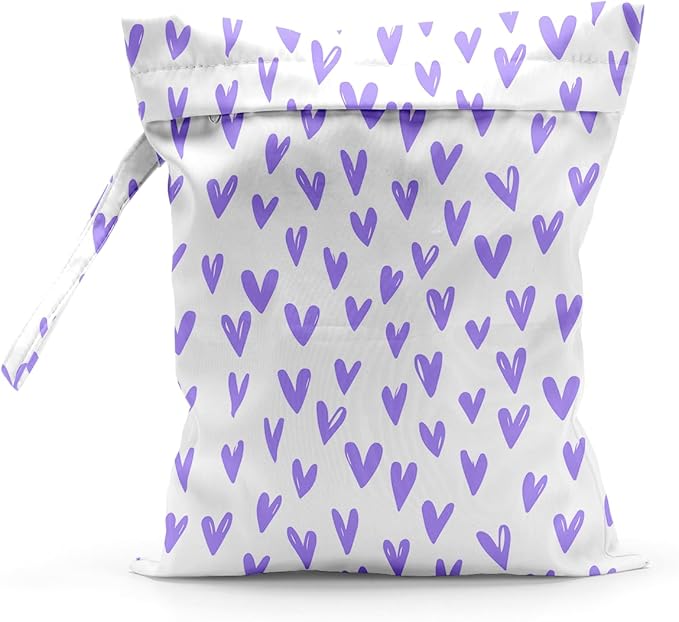 Waterproof Cloth Diaper Wet Dry Bag Reusable Travel Beach Pool Daycare Soiled Toddler Items Yoga Gym Bag for Swimsuits Wet Clothes Bags - Purple Heart Pattern