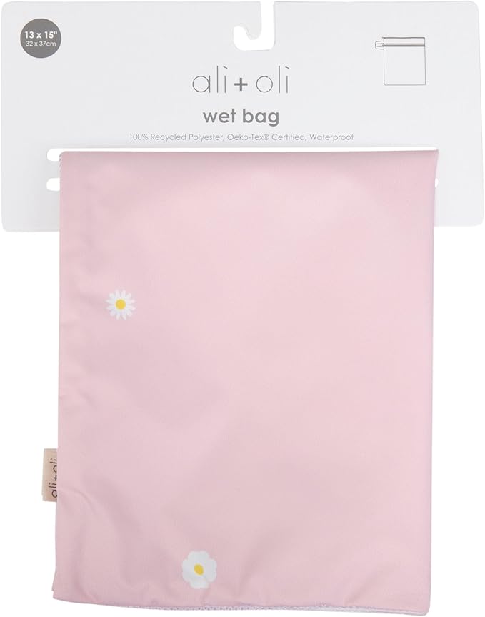Ali+Oli Water Resistant Dual-Compartment Wet-Dry Bag for Travel, Hook to Stroller, Daycare, Diapers, Diaper Bag, Clutch Bag,15x12 inches (Blush Daisy)