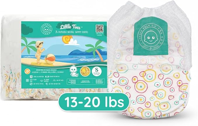 Little Toes Premium Natural Disposable Swim Diapers, Size 1–2 Small (13–20 lbs) (24 Count) | Baby Disposable Swim Diapers | Hypoallergenic, Chlorine & Fragrance-Free | Gentle on Sensitive Skin