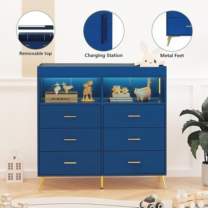 Baby Changing Table Dresser with 6 Drawers, Baby Nursery Dresser, LED Lights & Charging Station – Multifunctional Nursery Dresser with Removable Changing Top, Anti-Tip Design, Blue