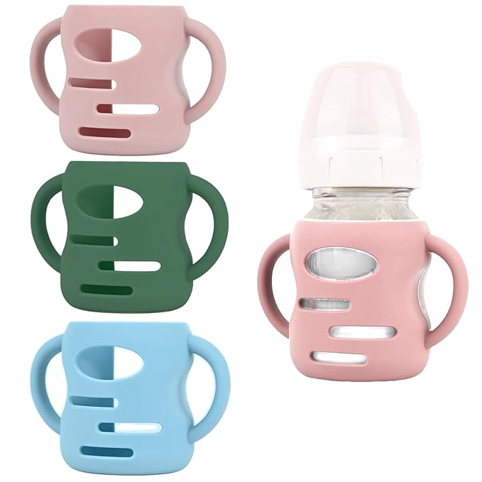 3 Pack Silicone Sleeves Compatible with Dr Brown Wide-Neck Glass Baby Bottles 5OZ/150mL, 100% Silicone Handles for Sippy Cups for Toddlers 1-3, Anti Breakage (5 OZ)