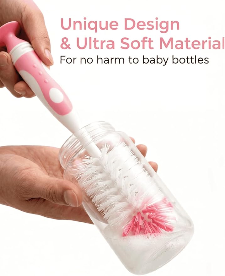 5 in 1 Bottle Cleaner Brush Set with Nylon and Silicone Bottle Brush, Straw Brush, Bottle Brush with Nipple Cleaner and Suction Cup, Cup Lid Cleaner Brushes Kit, BPA-Free (Pink)