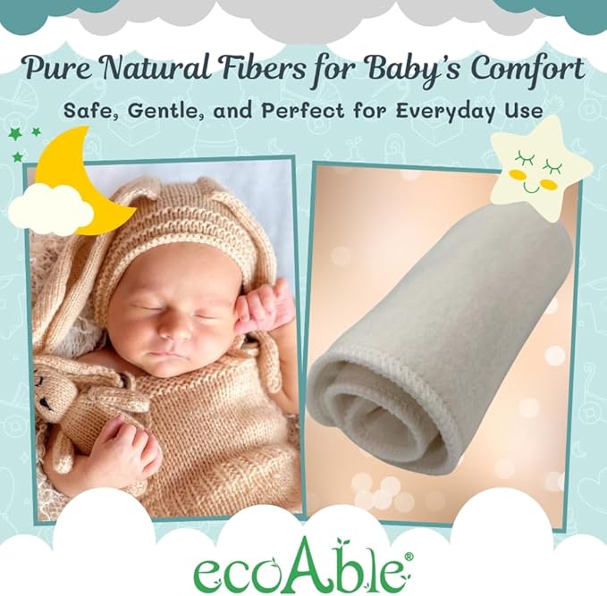 EcoAble 4-Layer Hemp Diaper Inserts – Overnight Boosters for Heavy Wetters – Reusable Absorbency Doublers – Fits Pocket, Cotton Prefold & Cover – Washable Natural Fiber Liners (Pack of 12)