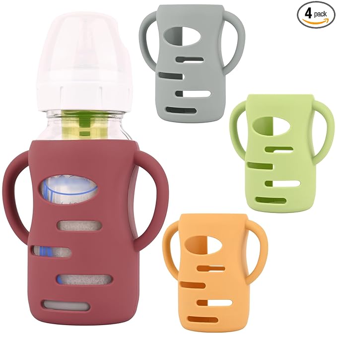HUAKENER 4 Pack Silicone Sleeves with Handles for Dr Brown Baby Bottles, Anti Breakage Baby Bottle Holder, Compatible Dr Brown Wide-Neck Baby Bottles 9 oz