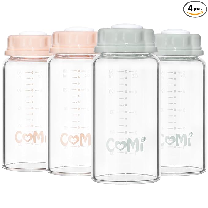 COMI Natural Glass Baby Bottle,Standard Neck Breastmilk Storage Bottle for Fridge,Breast Milk Container,Breast Pump Bottle Compatible with Medela Breast Pump,BPA Free,4PCS (5oz, 2 Gray+2 Pink)
