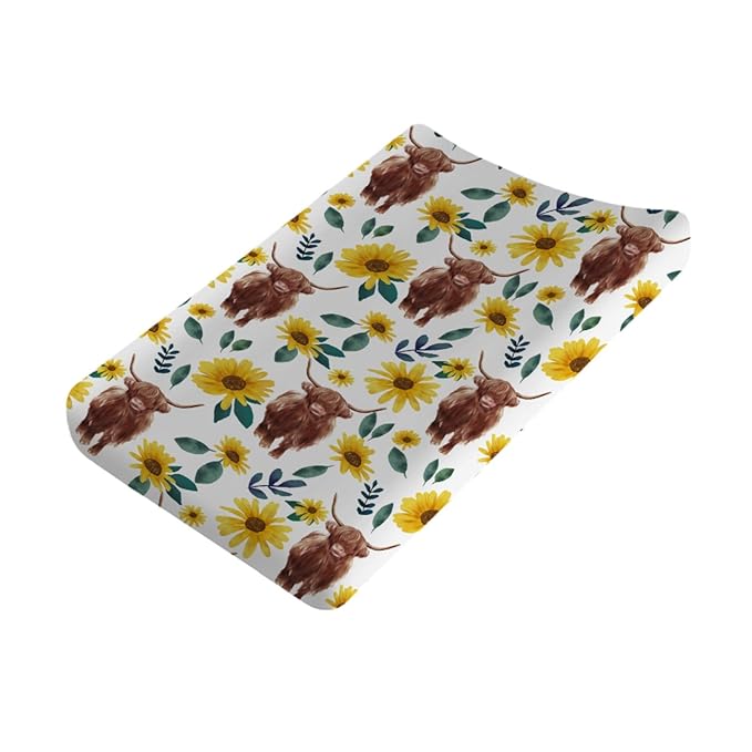 Highland Cows Floral Changing Pad Covers Highland Yak Flowers Leaves Diaper Change Table Pad Covers for Baby Girls and Boys Soft Breathable Stretch Changing Table Cover 32''x16'' Sunflowers