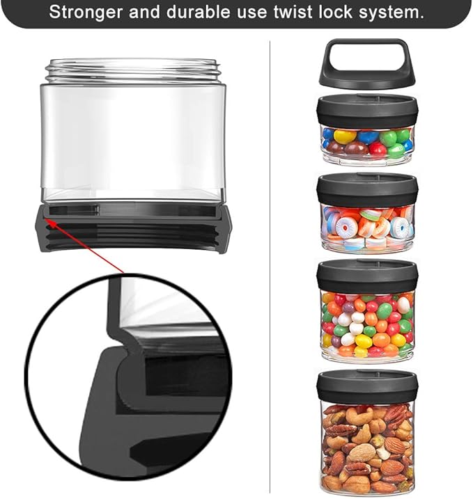 SELEWARE Stackable Snack Jars, Twist Lock Stackable Containers Set, Food Storage Travel Container for Storing Milk Protein Powder Snacks, BPA Free, 4-Piece for 1 Pack (Black, Total 31oz)