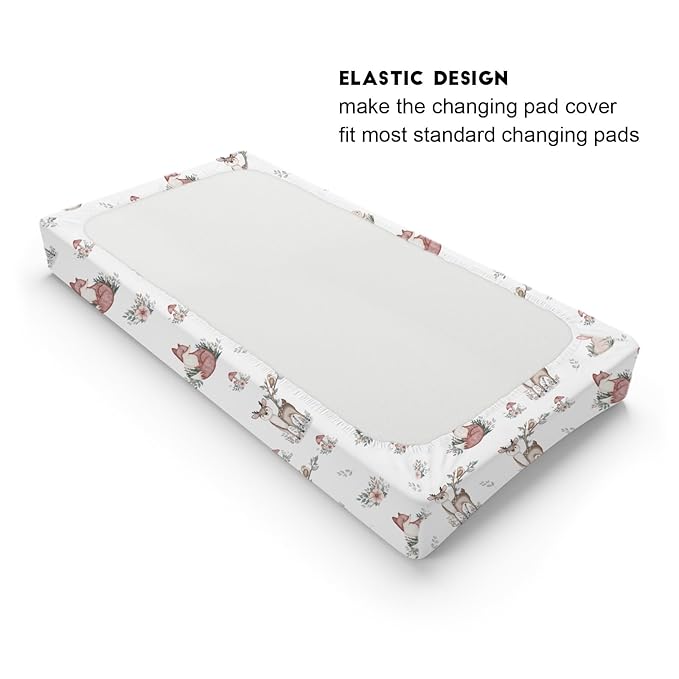 Baby Animals Changing Pad Covers Cute Deer Rabbit Leaves Mushroom Baby Nursery Diaper Change Table Sheets for Boys Girls Boho Animals Soft Breathable Stretchy Changing Mat Sheets Cover 32''x16''