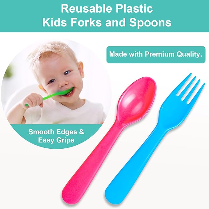 Jawbush 16 Pcs Kids Plastic Utensils, Reusable Toddler Feeding Utensils with 8 Forks and 8 Spoons, Colorful Kids Silverware Cutlery Set for School Lunch Box, BPA Free Dishwasher Safe