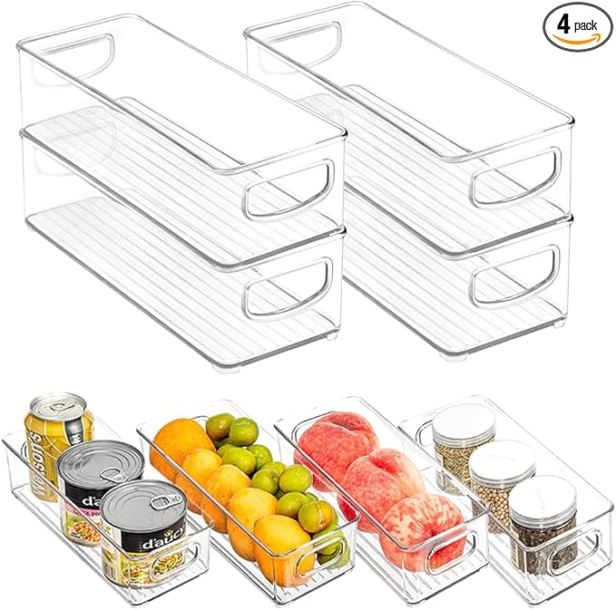mDesign Plastic Long Stackable Storage Organizer Container, Organization Bin w/Handles for Kitchen, Pantry, Fridge, Freezer, Cabinet, Perfect to Hold Breast Milk - Ligne Collection - 4 Pack, Clear