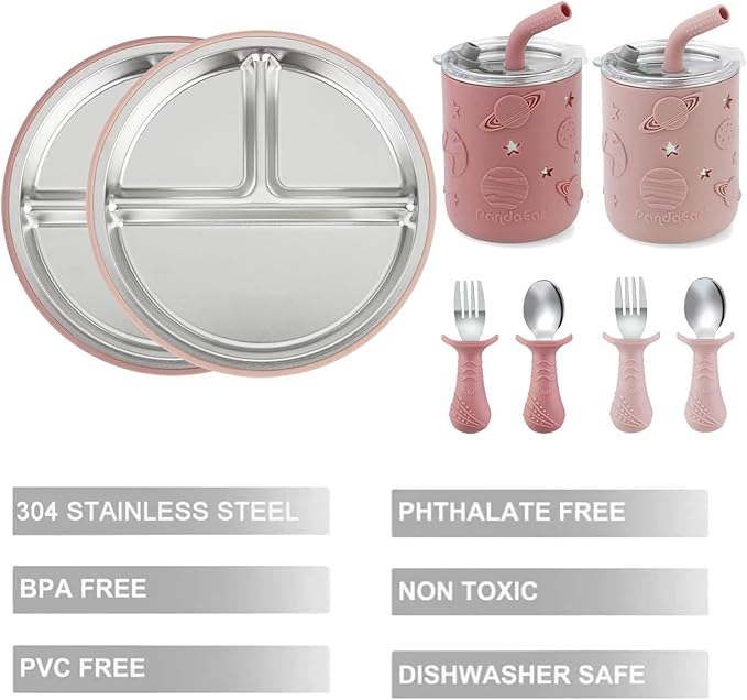 PandaEar Stainless Steel Baby Feeding Set | 2 Divided Suction Plates, 2 Spill-Proof Straw Cups with Silicone Sleeves, 2 Forks & 2 Spoons | Toddler Utensils for Baby Led Weaning, BPA-Free (Pink)