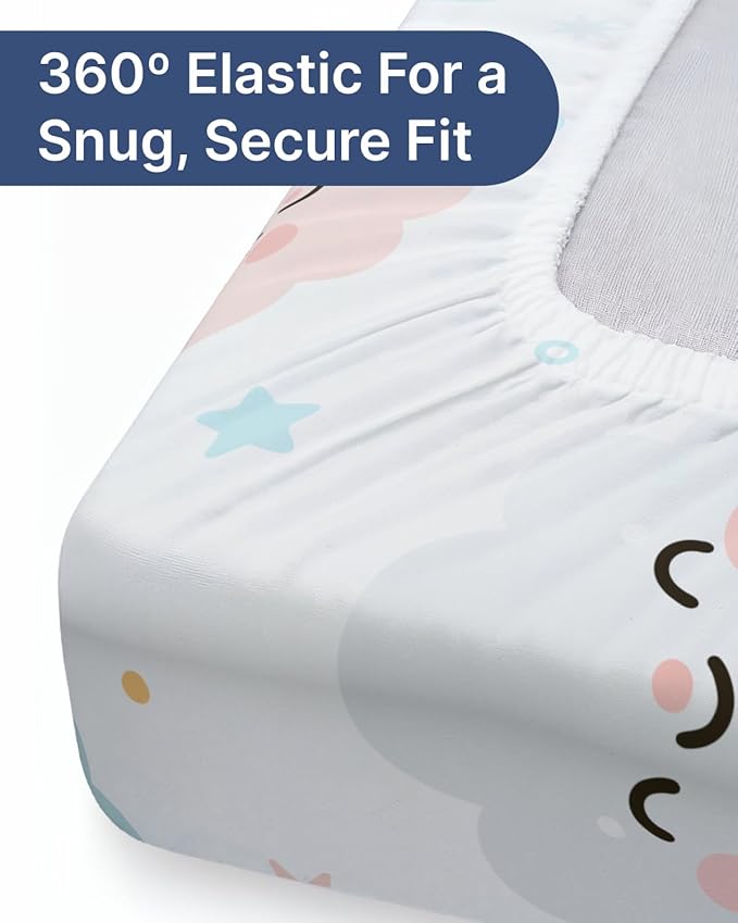 2-Pack Mini Crib Sheets Fitted - Pack N Play Sheets for Pack and Play Mattress - Stretchy Soft Microfiber Playard Bedding - Mini Toddler Bed Cover for Boys & Girls - Oeko-Tex - 38 x 24in, Happy Clouds