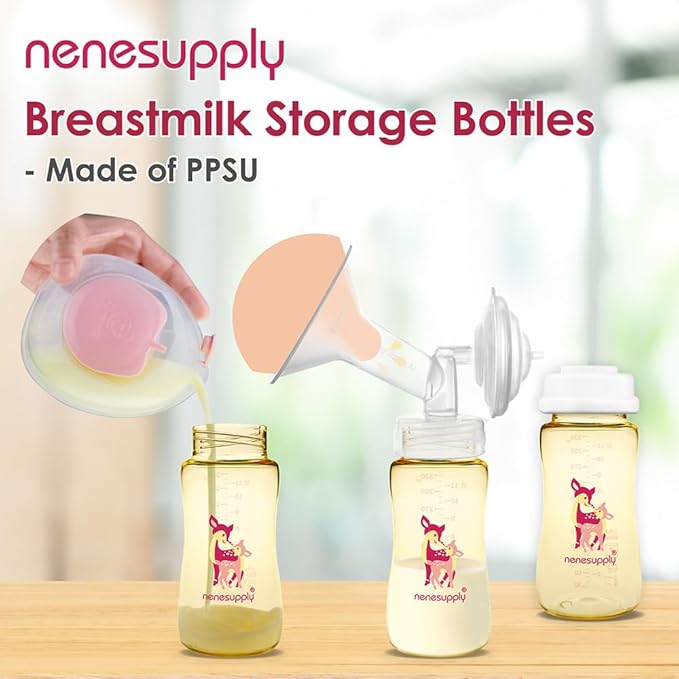 Nenesupply 11oz / 330ml 3 pc Wide Mouth PPSU Breastmilk Storage Bottle Breast Pump Bottles Pumping with Spectra S1 S2 Breast Pumps. Replace Glass Spectra Bottles Breastmilk Collection Sealing Disc