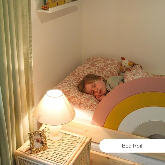 Premium 3-in-1 Toddler Bed Rail with Decorative Headboard and Wall Decor Functionality, High-End Bed Guard for Kids, Wooden Baby Bed Rail Guard, Rainbow Twin Bed Rail for Toddlers - Pink