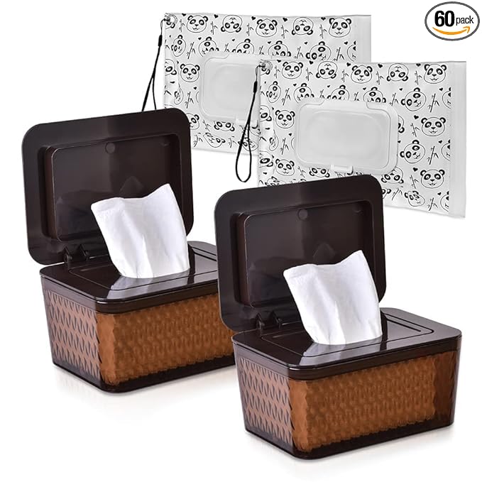 Wipes Dispenser & Pouch/Tissue Bag, Wipes/Tissue Case with Moisture Seal Secure Lid, Non-Slip Rubber Feet & Sealing Design Keeps Wipes Fresh, Dustproof Container (2BN+2Panda)