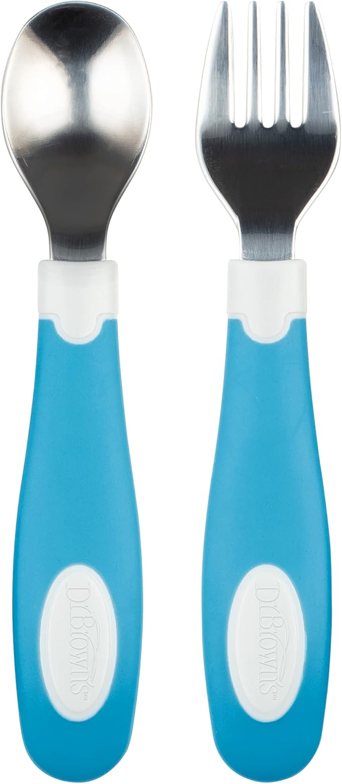 Dr. Brown's Soft-Grip Spoon and Fork Utensil Set, Safe Silverware for Toddlers, Blue, 12m+ – 2-pack