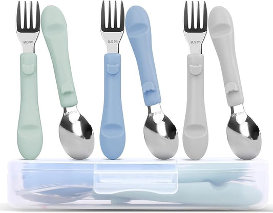 Bakpoco 6PCS Toddler Utensils, 316 Stainless Steel Baby Safe Forks + Spoons with Silicone Handle, BPA Free Dishwasher Safe Kids Silverware Cutlery with Box, Sage/Blue/Gray