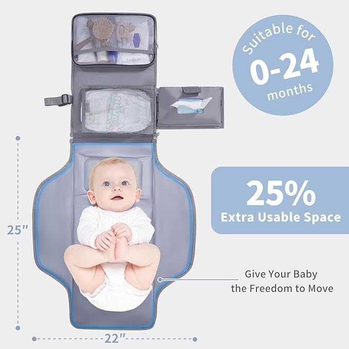 CEICEI Portable Diaper Changing Pad Waterproof Travel Baby Changing Mat with Large Wet/Dry Pocket & Elastic Wipes Pockets, Foldable Compact for On-The-Go Diaper Changer (Grey)