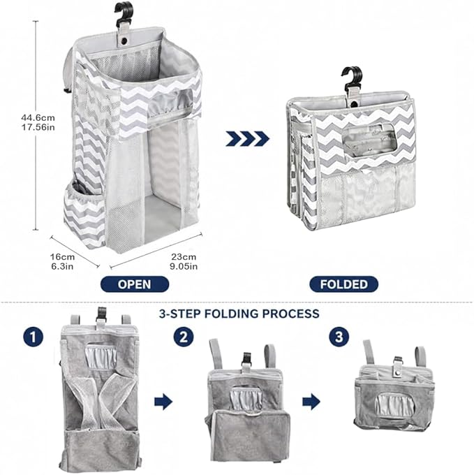 Hanging Diaper Caddy Organizer for Crib, Baby Diaper Holder with 3 Compartments, Water-Resistant Nursery Storage Bag for Changing Table, Playard, Wall, Ripple Grey