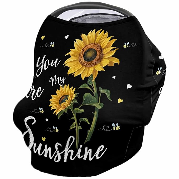 Sunflowers Car Seat Covers for Babies Boy Girl Capony Covers You're My Sunshine Nursing Cover Breastfeeding Scarf Breathable Stretchy Coverage, Floral Bees Black Infant Stroller Cover Shopping Cart