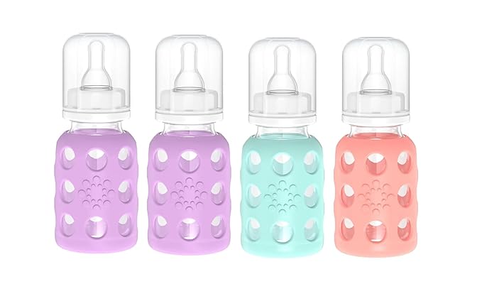 Lifefactory Glass Baby Bottle BPA Free | Protective Silicone Sleeve | 4 oz Pack of 4 | 2- Lavender, 1- Mint, 1- Cantaloupe