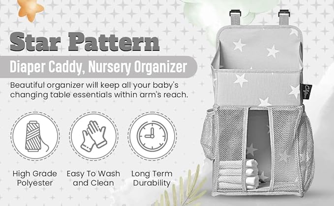 Star Pattern Diaper Caddy and Nursery Organizer for Newborn Baby Essentials, Hang on Crib, Baby Bed. Changing Table or wall. Multiple Pockets to Store Wipes, Creams, Lotions, Toys and more.