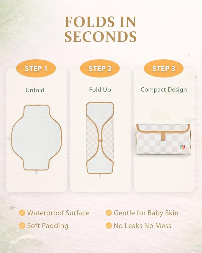 PZU Portable Diaper Changing Pad - Waterproof Travel Changing Mat with Built-in Pillow, Gifts for Baby Shower, Newborn Girls & Boys（Beige Checkers）