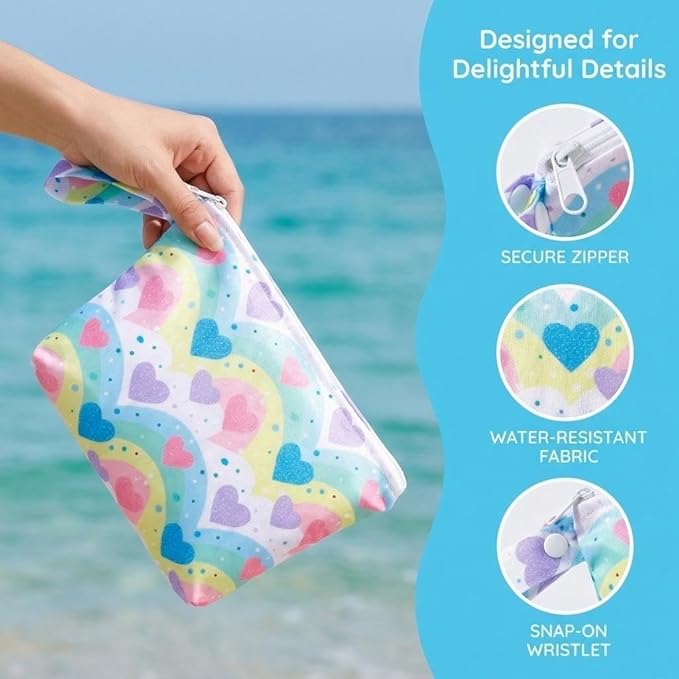 Waterproof Wet Bag with Wrist Strap, Reusable Zippered Pouch for Beach, Swim & Travel, Compact Cosmetic Toiletry Organizer Bag, 7.9 * 9.5 * 2 inches