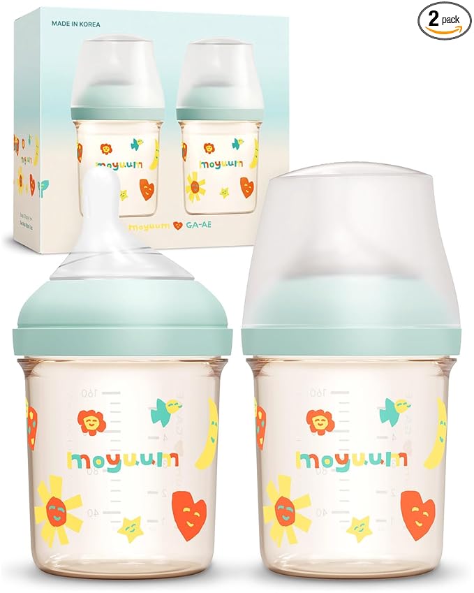 Moyuum MOV.aa Premium PPSU Wide Neck Anti-Colic Baby Bottle | Made in Korea, Microplastic & BPA-Free, Breastfeed Transition, Natural Fit Nipples for Newborns & All Stages - 5 oz (2 Pack, Mint)