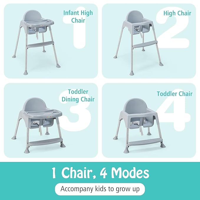 HONEY JOY Baby High Chair, 4 in 1 Convertible Highchair for Babies and Toddlers, Adjustable Legs, Double Removable Tray & Footrest, 3-Point Safety Harness for Infants Boys Girls (Gray)