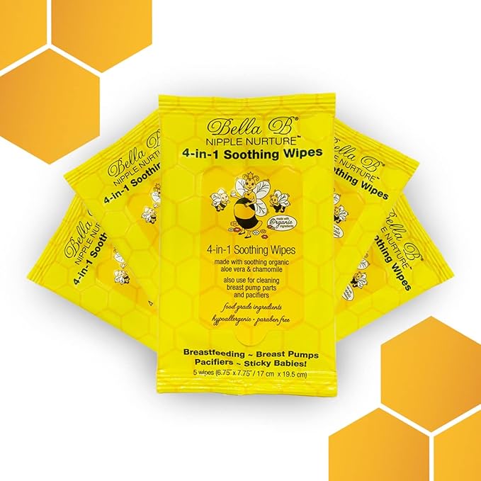 BELLA B Nipple Nurture 4-in-1 Soothing Wipes Bundle - 5 Count 5 Pack for Breastmilk, Breast Pump Cleaning, Pacifier, Baby, and Nursing