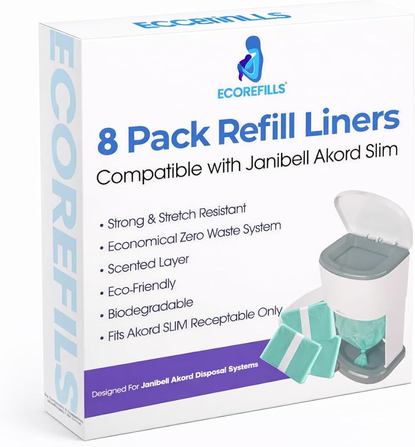 330 Janibell Akord Adult Diaper Pail Refill Liners, Compatible with Janibell Akord 330 Model Odor-Control, Adult Diaper System to Eliminate Waste, Odor Resistant Easy Cut & Tie 8 pack