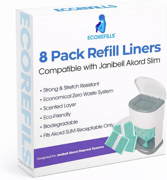 330 Janibell Akord Adult Diaper Pail Refill Liners, Compatible with Janibell Akord 330 Model Odor-Control, Adult Diaper System to Eliminate Waste, Odor Resistant Easy Cut & Tie 8 pack