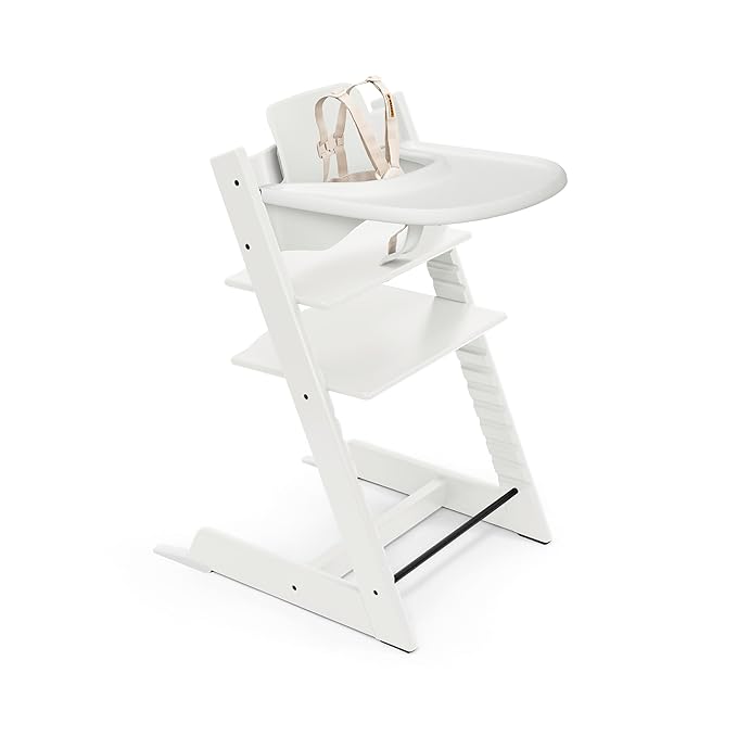 Tripp Trapp® High Chair² White, White Tray Signature Edition Includes Chair + Tray+ Baby Set with Removable Harness for Children 6-36 Months - Adjustable, Ergonomic & Easy to Clean