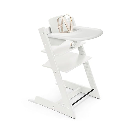 Tripp Trapp® High Chair² White, White Tray Signature Edition Includes Chair + Tray+ Baby Set with Removable Harness for Children 6-36 Months - Adjustable, Ergonomic & Easy to Clean