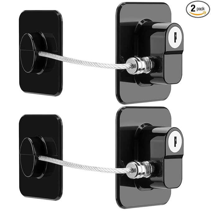 Fridge Lock, 2PCS Upgraded Refrigerator Lock for Freezer, Cabinets and Drawers, Air Fryer, Closets, Windows, Doors, Durable ABS with Adhesive Backing, Easy Install, No Tools Needed, Black