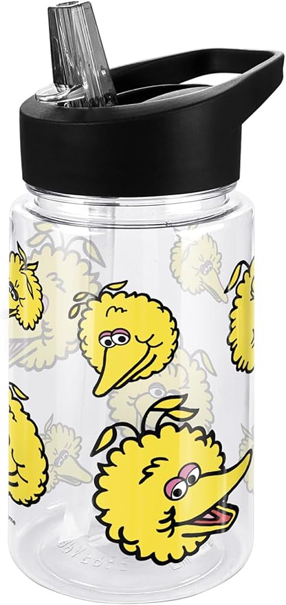 LOGOVISION Sesame Street Kids Tritan Plastic Water Bottle with Straw Lid and Handle, Reusable Tumbler for Toddlers, Unisex for Girls and Boys, 12oz, Big Bird Head Pattern