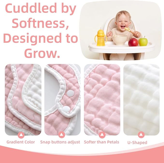 MUKIN Baby Muslin Bibs and Burp Cloths, 6 Pack, Soft Absorbent Cotton, Adjustable