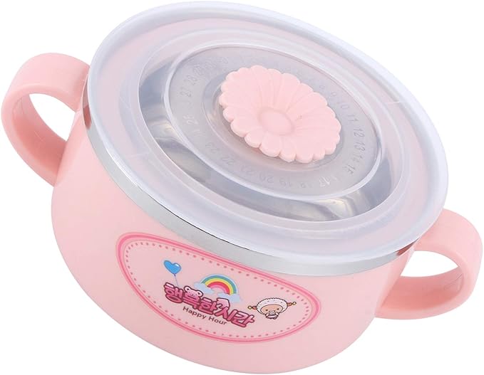 Zerodis 304 Stainless Steel Toddler Bowl with Double Layer Heat Insulation, Cartoon Design, Lid and Handles - Feeding Tableware