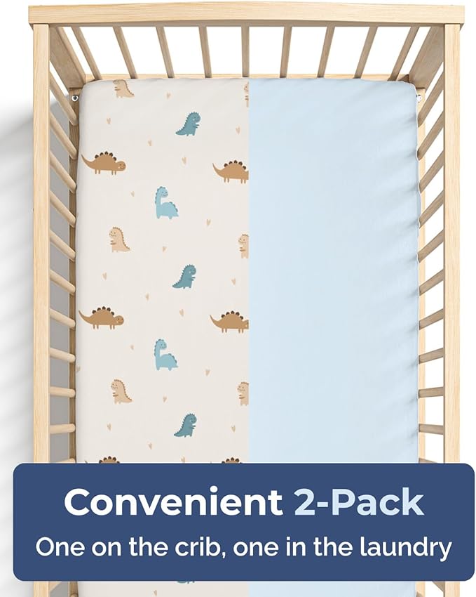 Baby Crib Sheets for Boys & Girls - Pack of 2 Fitted Microfiber Crib Sheets for Standard Crib & Toddler Mattress - Soft, Breathable & Wrinkle Free - Machine Washable, Oeko Tex - 52x28x8in - Cute Dinos