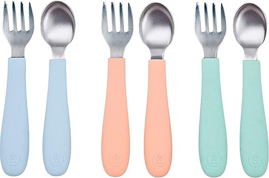 WeeSprout Toddler Utensils, 3 Forks & 3 Spoons, 18/8 Stainless Steel & Food Grade Silicone, Thick Easy-Grip Handles, Perfect Length For New Self Feeders, Gentle On Gums & Teeth, Dishwasher Safe