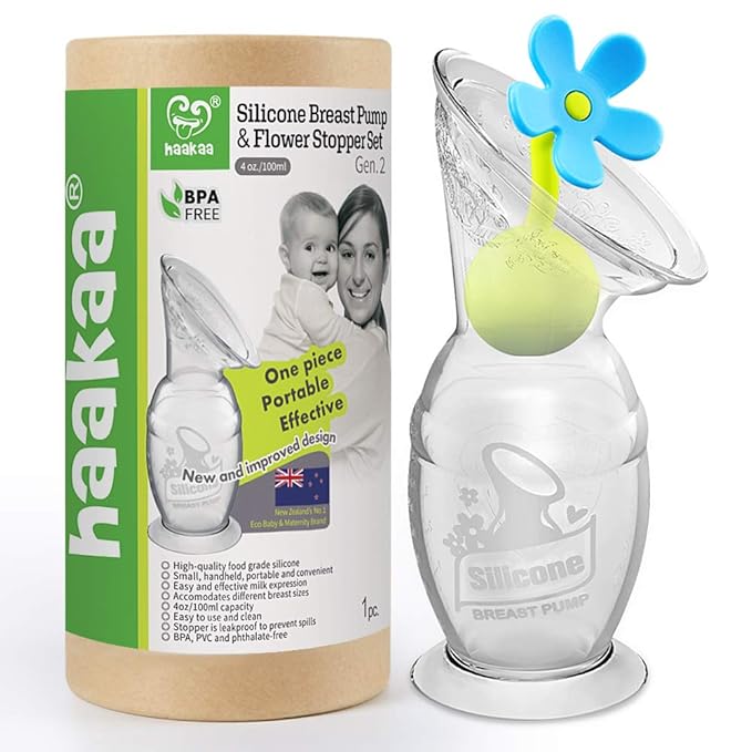 Haakaa Silicone Breast Pump with Suction Base and Flower Stopper 100% Food Grade Silicone BPA PVC and Phthalate Free (4oz/100ml) (Blue)