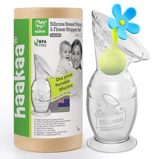 Haakaa Silicone Breast Pump with Suction Base and Flower Stopper 100% Food Grade Silicone BPA PVC and Phthalate Free (4oz/100ml) (Blue)