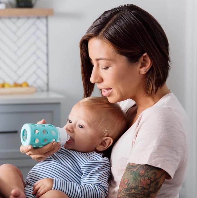 Lifefactory Glass Baby Bottle BPA Free | Protective Silicone Sleeve | 4 oz Pack of 4 | Mint & Cantaloupe