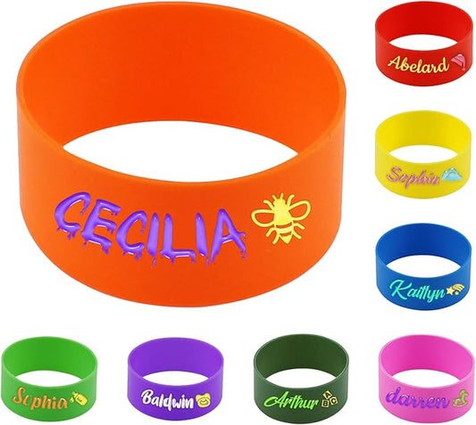 4 Pcs Personalized Water Bottle Labels, Reusable Bottle Name Bands, Elastic Silicone Bottle Tag Cute Sippy Cup Strap Engraved with Name Daycare Labels