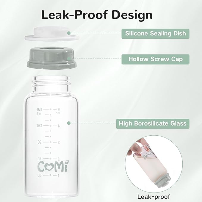COMI Natural Glass Baby Bottle,Breastmilk Storage Bottle for Fridge,Breast Milk Container,Breast Pump Bottle Compatible with Medela Breast Pump,BPA Free,2PCS (5oz,2 Gray Lids)