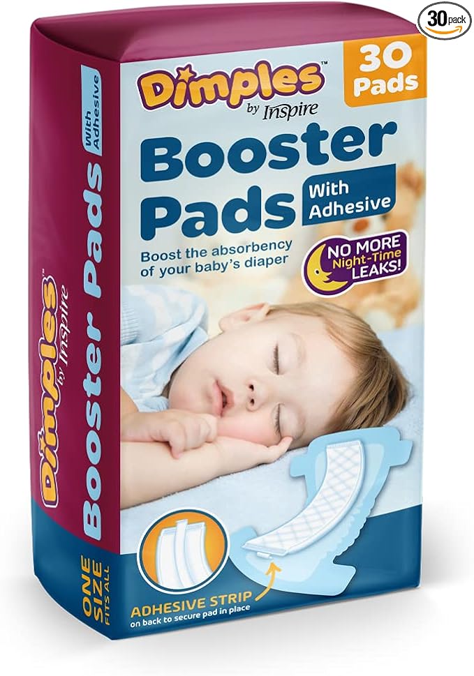 Inspire Dimples Booster Pads, Baby Diaper Doubler with Adhesive - Boosts Diaper Absorbency - No More leaks 30 Count (with Adhesive for Secure Fit) (30 Count)