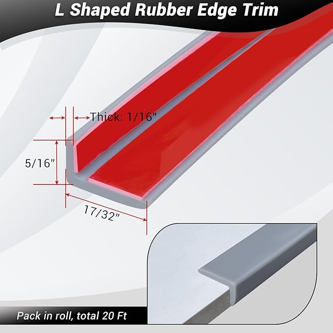 Tile Edge Trim, Flexible L-Shaped Rubber Corner Trim, Peel & Stick Edging Trim for Tile & Wall Edges, Grey, 20Ft, Rubber EPDM Material