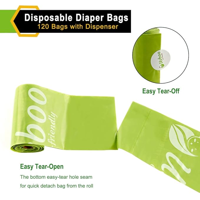 USBOO Baby Disposable Diaper Bags, Waste Bags 8 Refill Rolls/120 Bags with Dispenser, Convenient and Quick Diaper Disposal, Unscented
